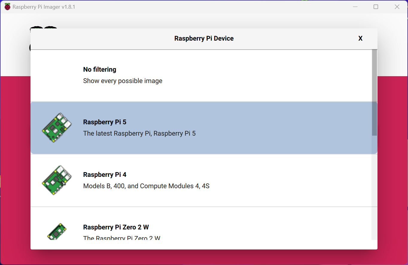 Raspberry Pi Imager - Board Selection