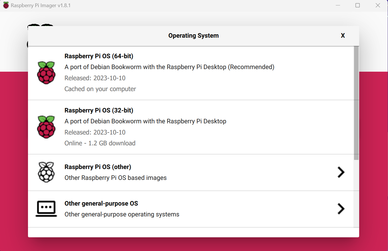 Raspberry Pi Imager - OS Selection