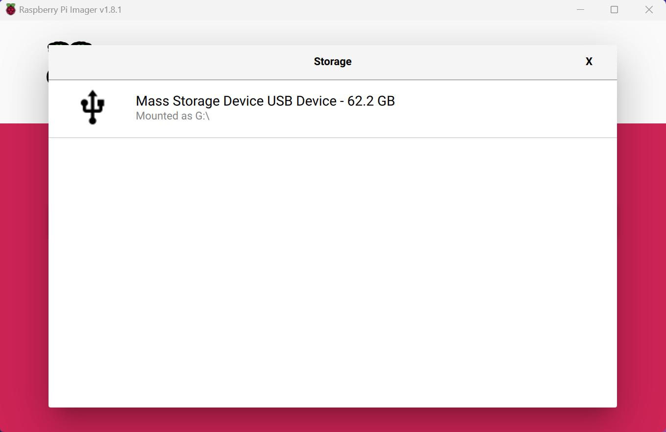 Raspberry Pi Imager - microSD Card Selection