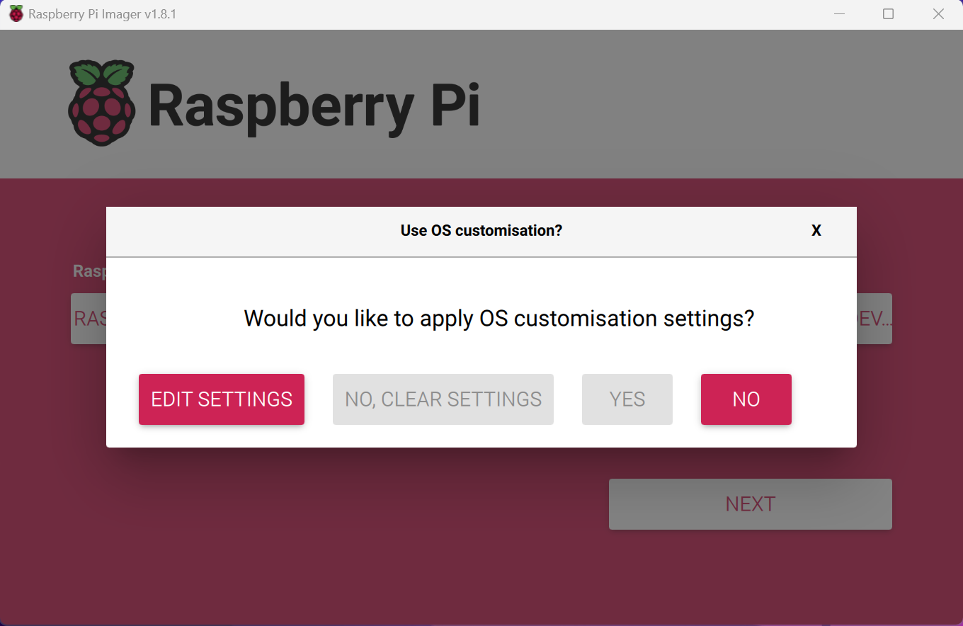 Raspberry Pi Imager - Dialog Box (System Settings)