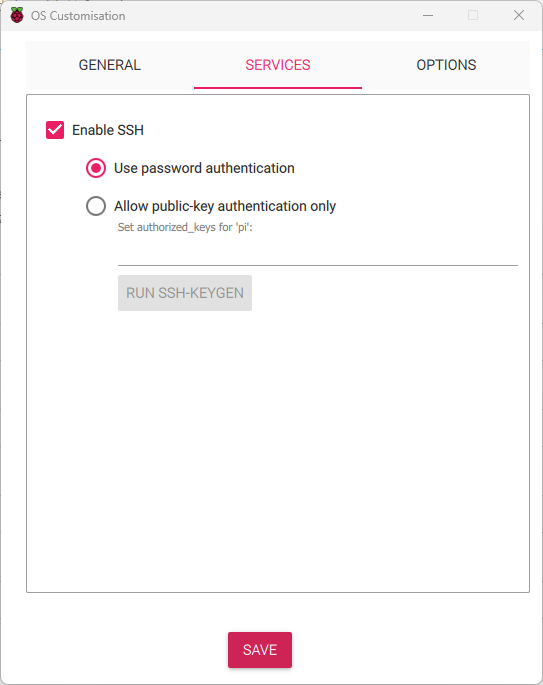 Raspberry Pi Imager - SSH System Settings