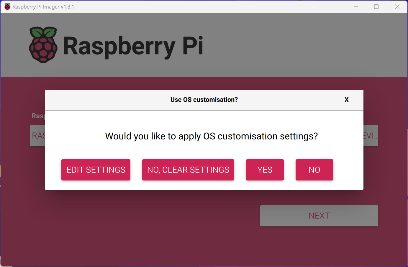 Raspberry Pi Imager - Accepting Settings